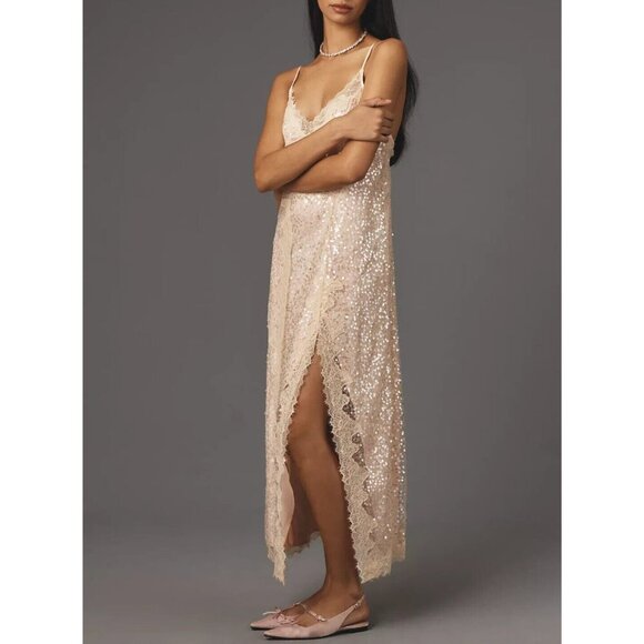 Anthropologie En Elly Sleeveless V-Neck Lace Sequin Slip Midi Dress S - Picture 4 of 4